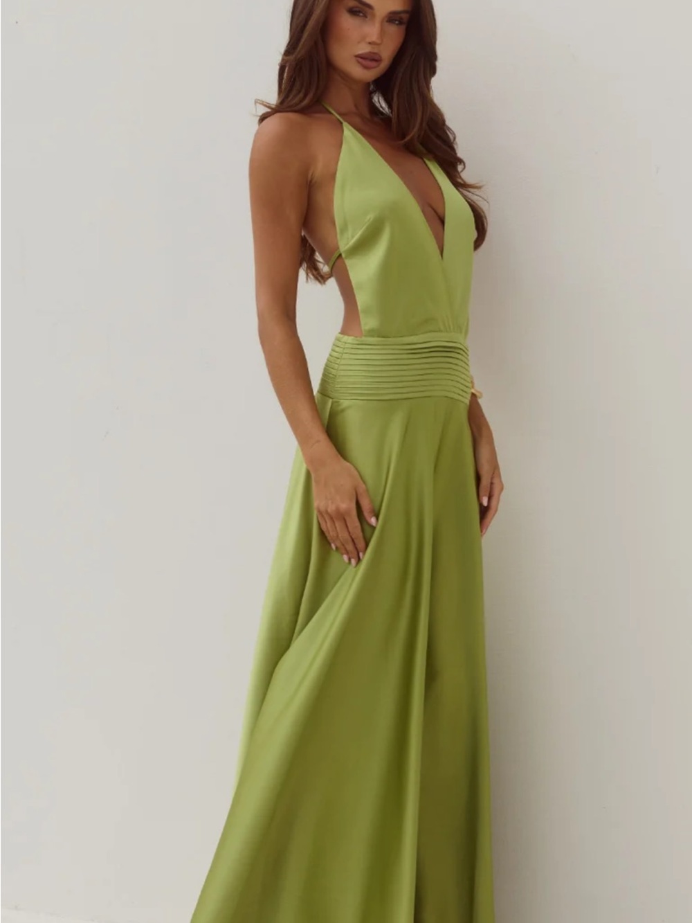AMADINE DEEP V PLUNGE MAXI DRESS - OLIVE - Picture 2 of 5
